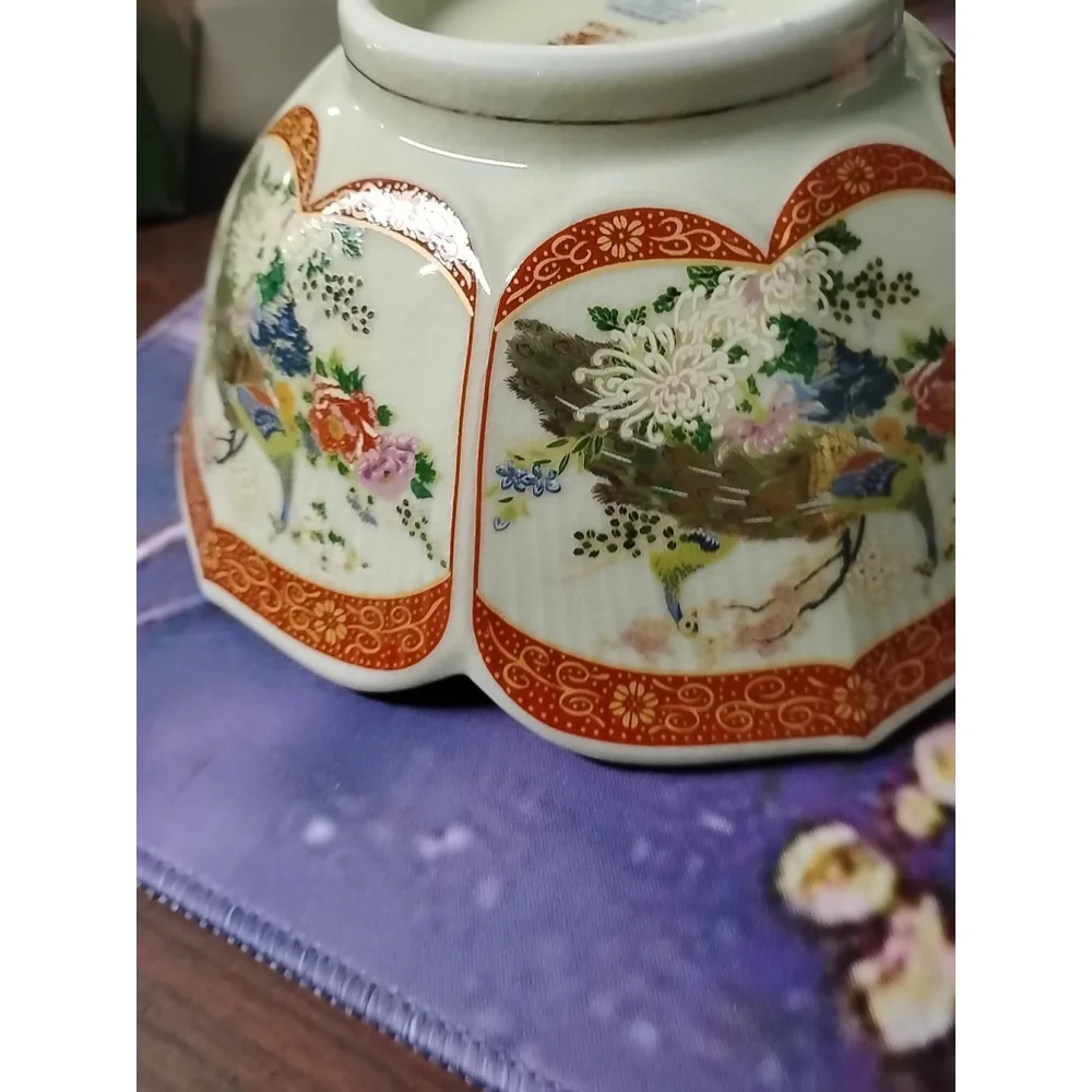 Vintage Satsuma Porcelain Peacock Flowers Lotus Leaf Scalloped Lip Bowl 7